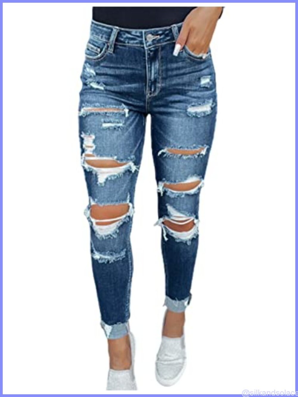 Mid Waisted Boyfriend Jeans Loose Fit Distressed Stretchy Denim